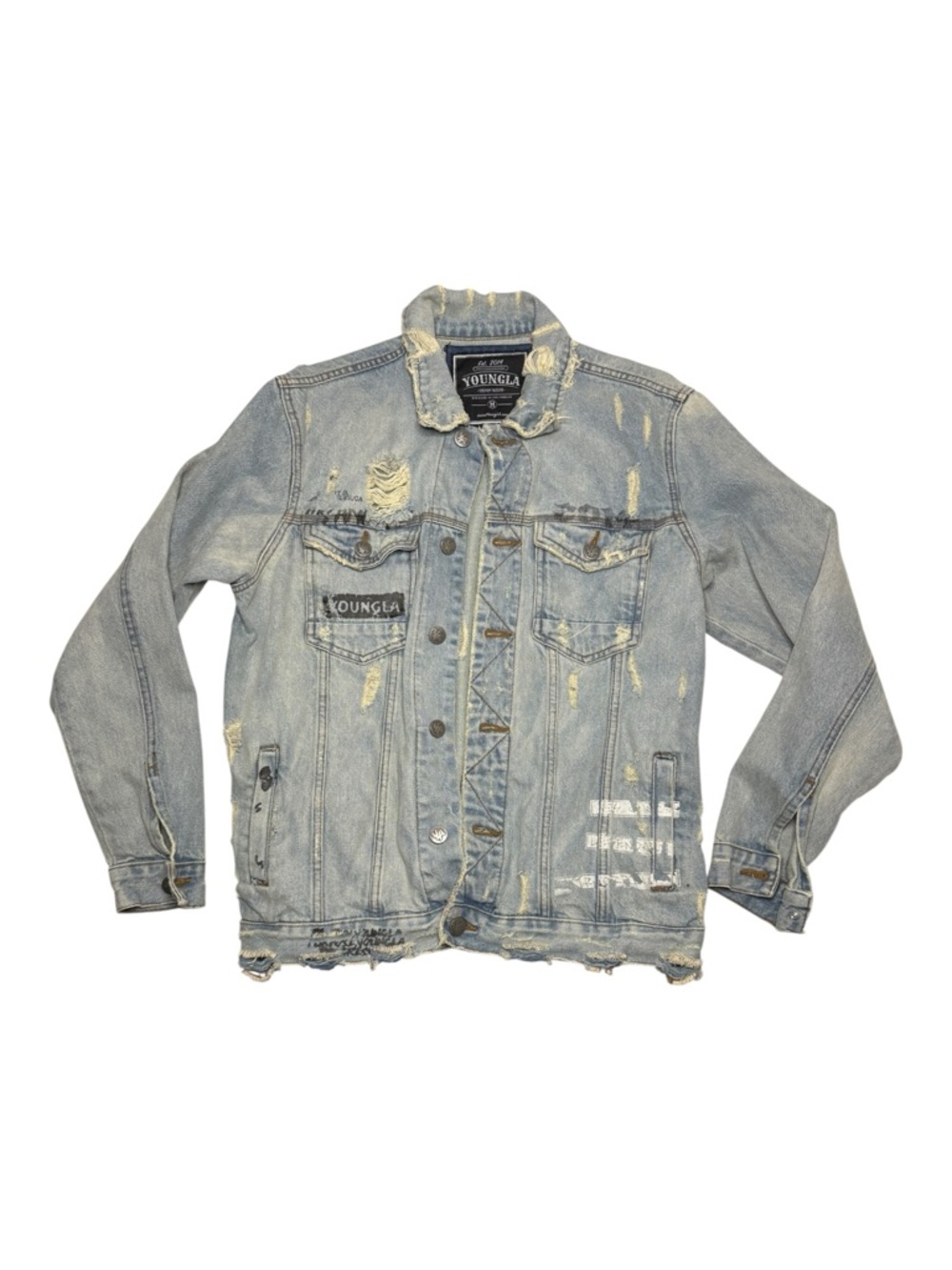 YoungLA Jacket Mens Medium Distressed Trucker Denim Jacket Blue LA 405